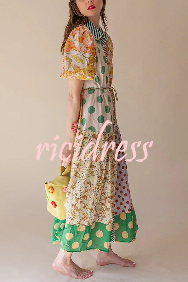 Linen Blend Unique Print Lapel Puff Sleeve Casual Midi Dress
