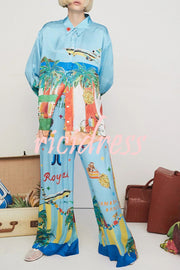 Vacation Flights Satin Unique Print Elastic Waist Pocketed Wide Leg Pants