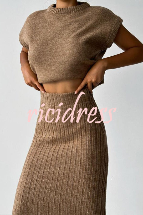 Triko Knit Short Sleeve Sweater and Stretch Ribbed Midi Skirt Set