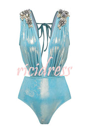 Solid Color Shiny Fabric Deep V Metal Embellished Stretch One-piece Swimsuit