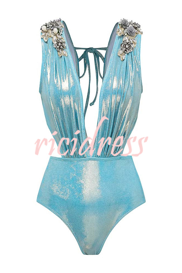 Solid Color Shiny Fabric Deep V Metal Embellished Stretch One-piece Swimsuit