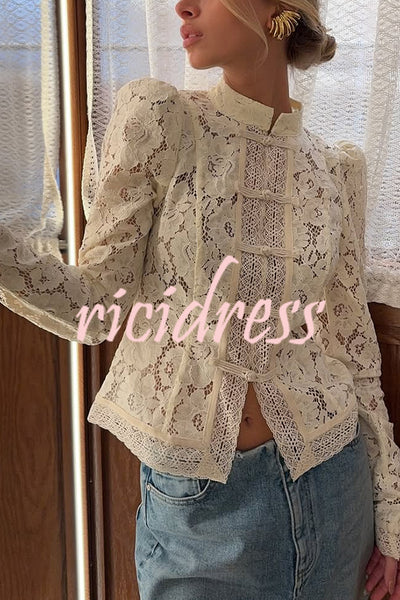 Fashion Hollow Lace Stand Collar Long Sleeve Slim Shirt
