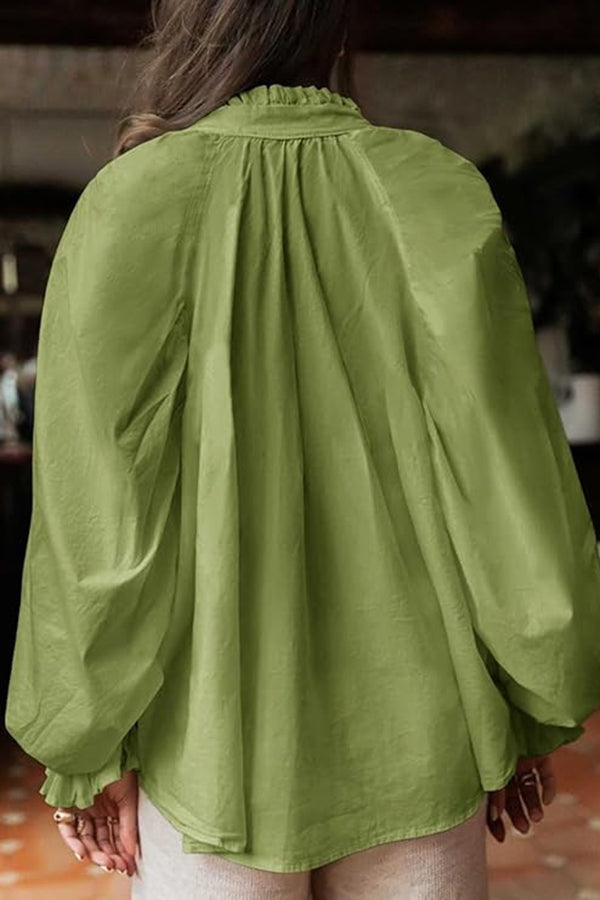 Solid Color V-neck Ruffled Lantern Sleeve Loose Casual Shirt