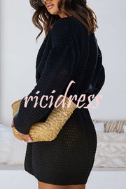 Solid Color Hollow Long Sleeve Loose Waist Tie Knitted Cardigan