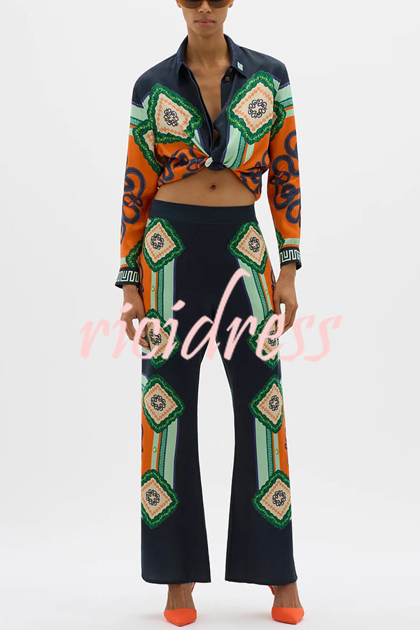 Vacation Times Satin Unique Print Elastic Waist Pocketed Wide Leg Pants