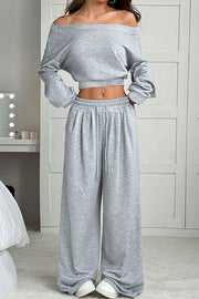 Solid Color Loose Long-sleeved Short Top and Elastic Waist Casual Pocket Wide-leg Pants Set