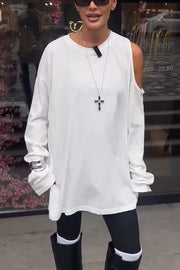 Various Ways Cutout Shoulder Long Sleeve Side Button Relaxed T-shirts