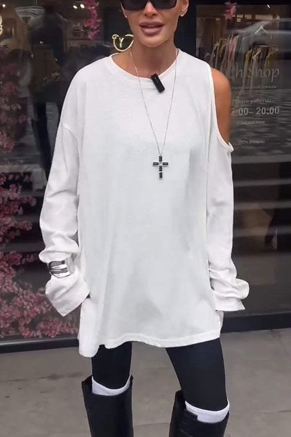 Various Ways Cutout Shoulder Long Sleeve Side Button Relaxed T-shirts