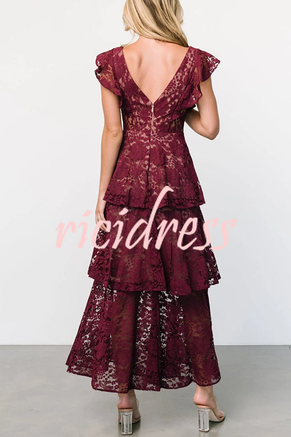 Solid V-neck Ruffled Sleeves Cinched Waist Maxi Dress