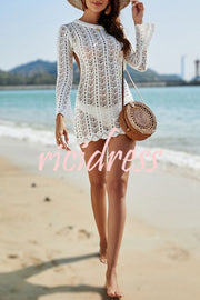 Hollow Knit Sheer Backless Long Sleeved Cover Up