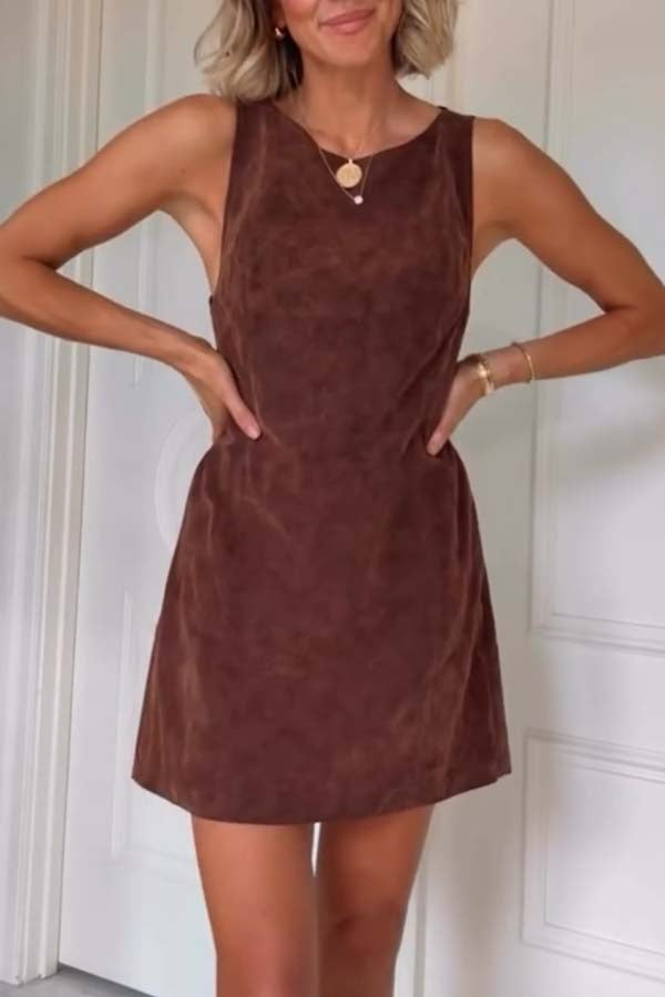Atlas Faux Suede Open Back Button Accents Zipper Mini Dress