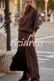 Meet The Autumn Ribbed Zipper Neck Sweatshirt and Elastic Waist Pocketed Loose Pants Set