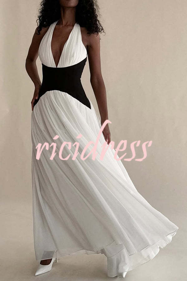 Fashionable Color Matching Sexy Halter Neck Waist Maxi Dress