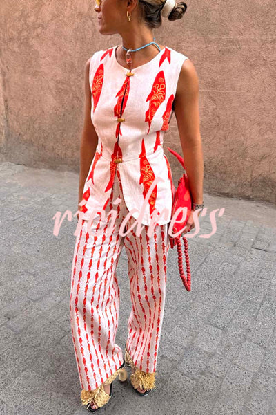 Good Luck Linen Blend Koi Pattern High Rise Elastic Waist Loose Pants