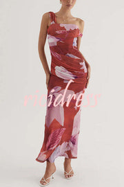 Drama Elegance Mesh Floral One Shoulder Ruched Stretch Maxi Dress