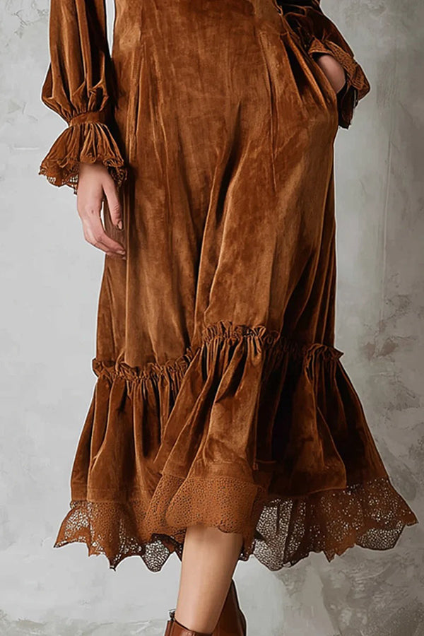 Fashionable Velvet Lace Patchwork V-neck Ruffle Midi Dress
