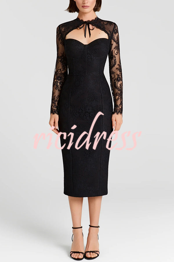 Mylene Lace Corset Cut Sweetheart Tie-up Neck Sheer Long Sleeve Slit Midi Dress