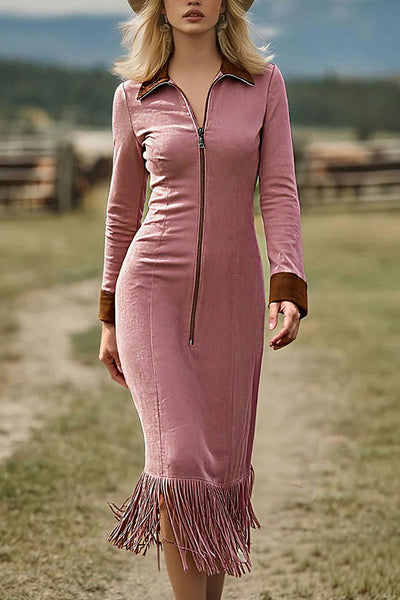 Stylish Suede Zipper Long-sleeved Fringed Hem Slim-fit Midi Dress