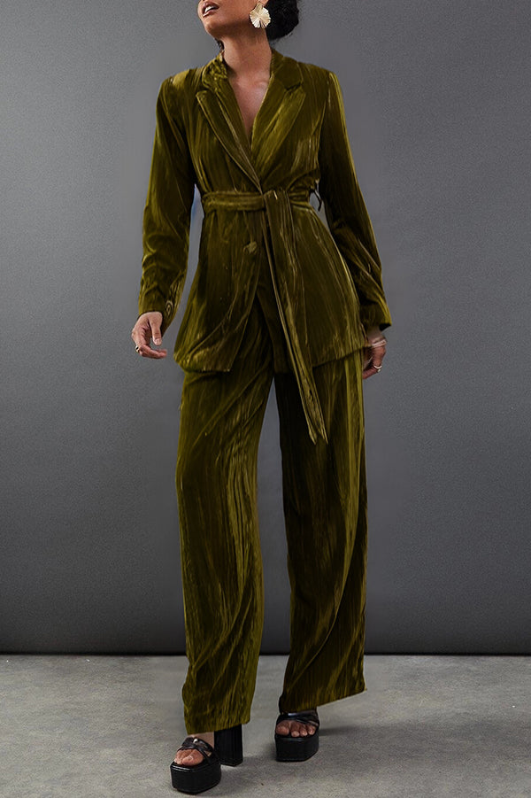 Solid Color Velvet Long-sleeved Waist Tie Top and Elastic Waist Casual Pocket Straight-leg Pants Set