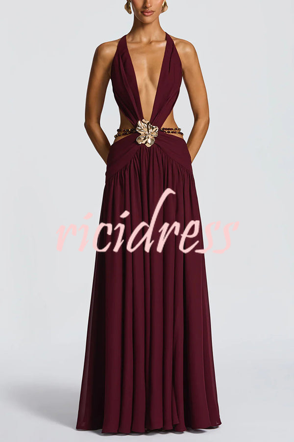 Kinara Leopard Print Deep V-neck Metal Flower Hollow Beads Detail Slit Maxi Dress