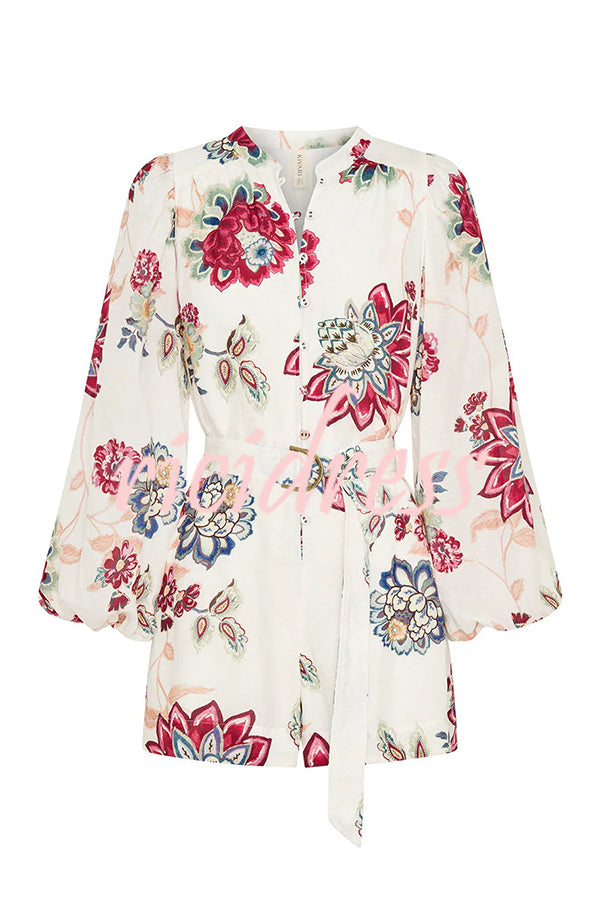 Floral Print Elegant Long Sleeve Waist Tie Casual Rompers