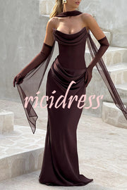 Liora Ruched Cowl Neck Sheer Mesh Waist Off Shoulder Scarf Maxi Dress