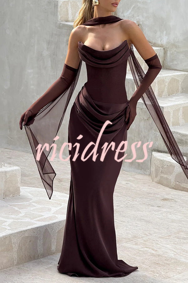 Liora Ruched Cowl Neck Sheer Mesh Waist Off Shoulder Scarf Maxi Dress