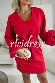 Holiday Gatherings V-neck Long Balloon Sleeve Tie-up Waist Loose Mini Dress