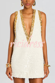 Cocktail Charm Sequin Colorblock Trim V-neck Sleeveless A-line Mini Dress