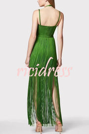 Sexy Halterneck Open Back Elegant Tassel Slim Maxi Dress