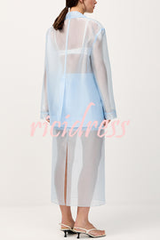 Simple and Light See-through Fabric Tie-up Long Sleeve Pocket Lapel Blazer