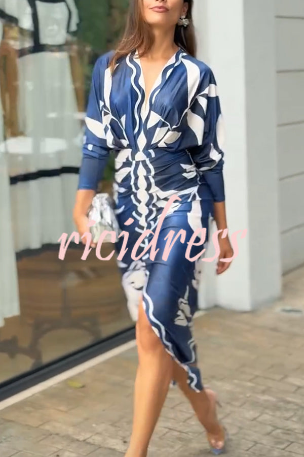 Caliana Unique Print Dolman Long Sleeve Ruched Slit Midi Dress