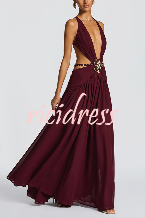 Kinara Leopard Print Deep V-neck Metal Flower Hollow Beads Detail Slit Maxi Dress