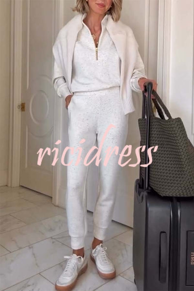Ivory Marl Fleck Half-Zip Neck Long Sleeve Sweatshirt and Elastic Waist Pocket Jogger Set