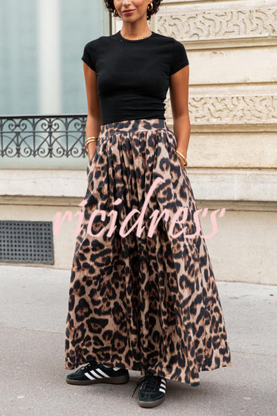 Leopard Print Pocket Pleated Hem Maxi Skirt