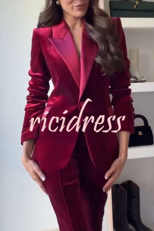 Delicate Daze Velvet Satin Lapel Button Up Long Sleeve Tapered Waist Blazer