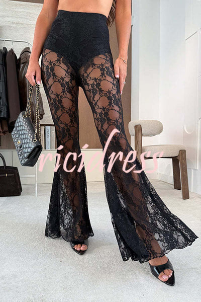 Chic Moment Floral Lace High Rise Elastic Waist Fishtail Hem Stretch Pants