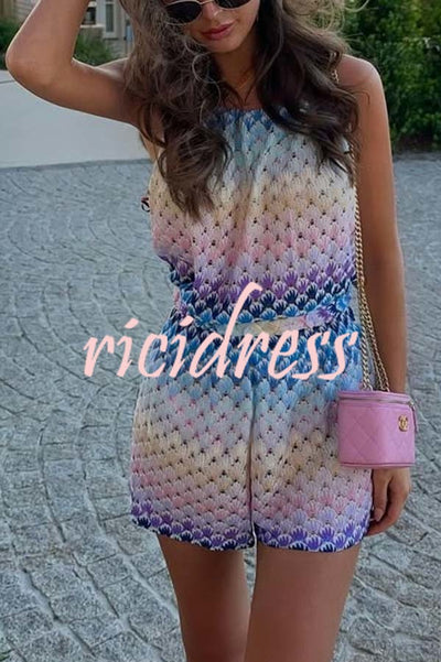 Wave Waves Knit Colorful Zigzag Pattern Halter Neck Backless Loose Romper