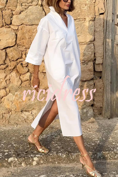 Solid Color V-neck Half-sleeve Loose Slit Midi Dress