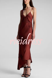Sexy Lace Stitching Suspender V-neck Asymmetrical Maxi Dress