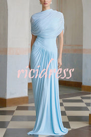 Elegant Mesh Cape-style Pleated Draped Maxi Dress