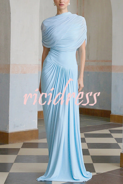 Elegant Mesh Cape-style Pleated Draped Maxi Dress