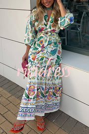 Botanical Floral Print V-neck Cutout Lace-up Elastic Waist Maxi Dress