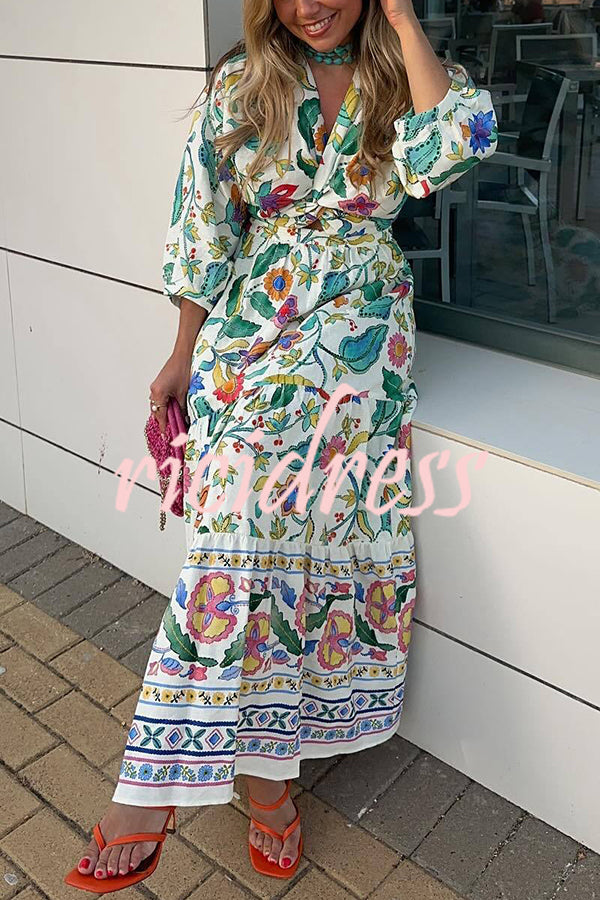 Botanical Floral Print V-neck Cutout Lace-up Elastic Waist Maxi Dress