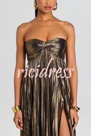 Metallic Sexy Tube Top Pleated High Slit Maxi Dress