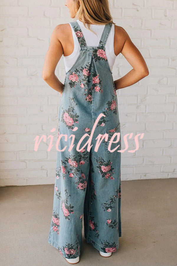 Fashion Floral Print Casual Button Pocket Loose Denim Overalls