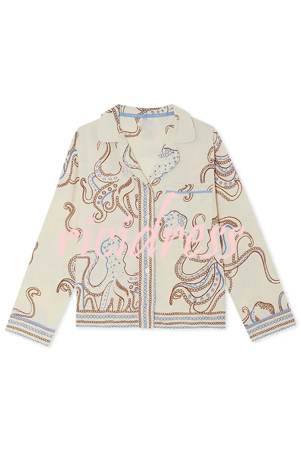 Calm Seas Line Octopus Unique Print Loose Shirt and Elastic Waist Pocketed Pajama Set