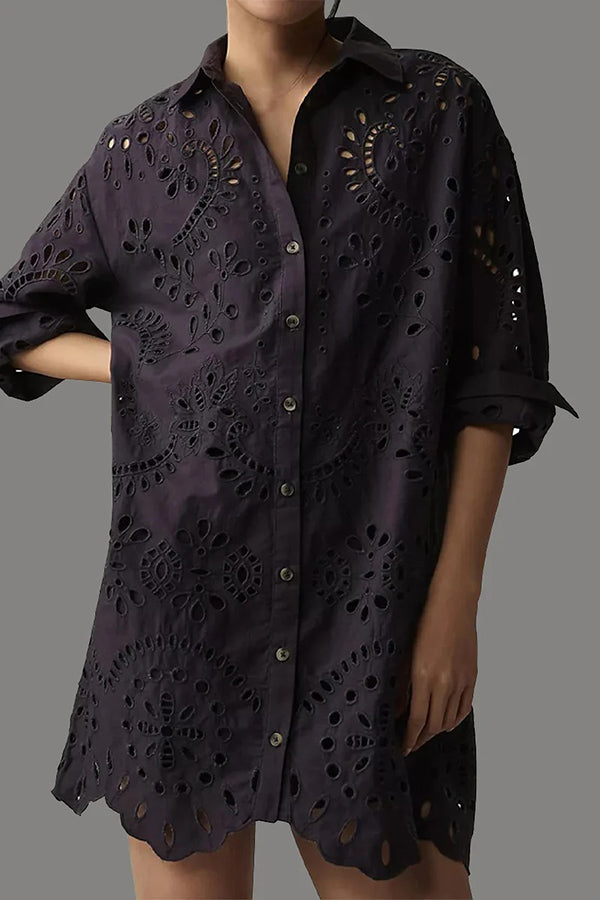 Solid Color Hollow Embroidery Casual Long Sleeve Loose Shirt