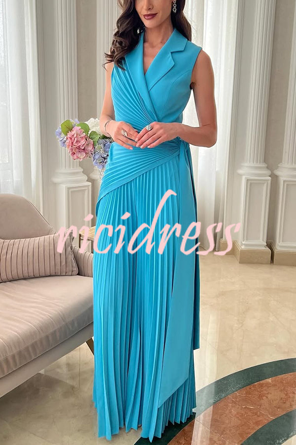 Solid Color Lapel Sleeveless Waist Tie Pleated Wide-leg Jumpsuit