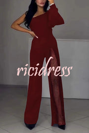 Fashionable Oblique Shoulder One-sleeve Sexy High Slit Slim Jumpsuit